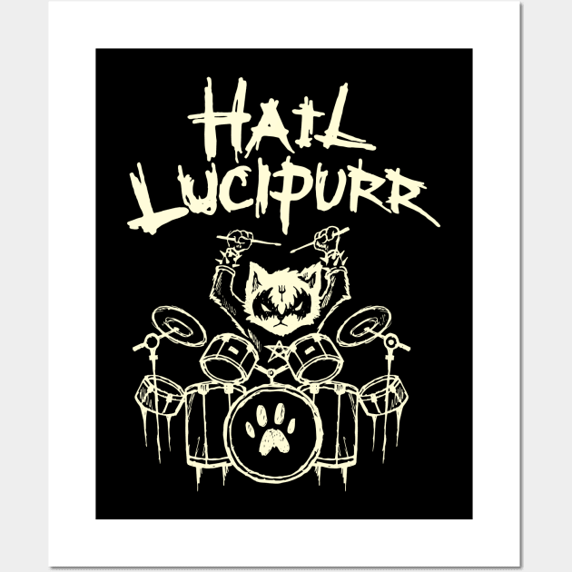 Hail Lucipurr Heavy Metal Satan Drums Playing Cat Drummer Wall Art by TellingTales